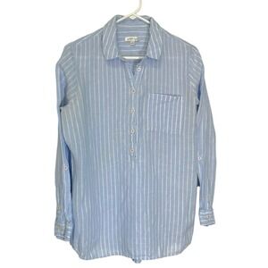 Orvis Medium Light Blue Striped Linen Blend‎ Roll Tab Sleeve Tunic Top Cotton